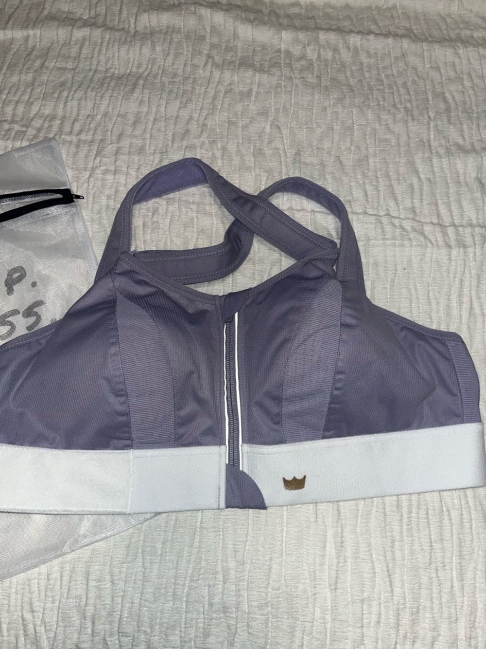 SHEFIT Sports Bra. Adjustable. Purple/White. Size 1 luxe. Laundry bag included.